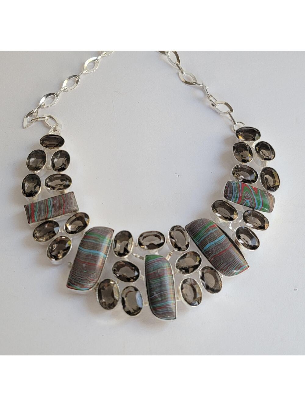 Silver Multicolor Statement Bib Necklace Brown Oval Stones 18 In Jewelry